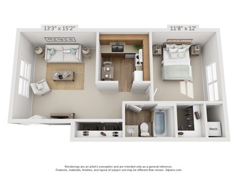 a 3d floor plan with a bedroom and a bathroom
